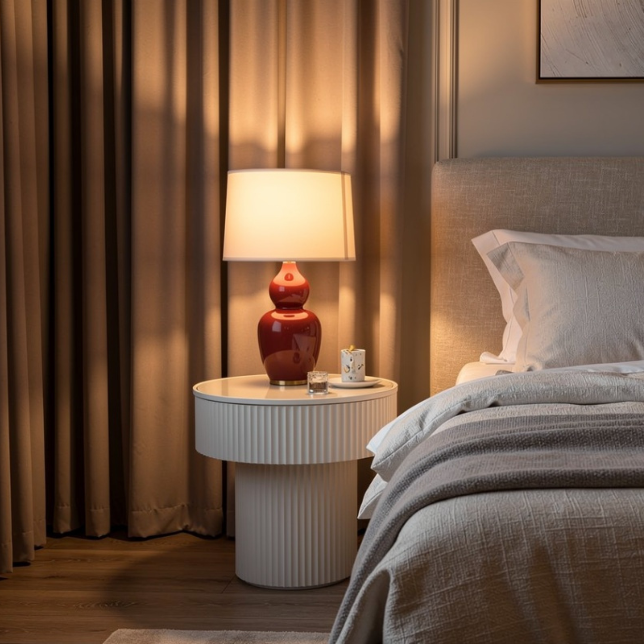 Bedroom with a nightstand featuring a lamp and small items, next to a bed with gray bedding.