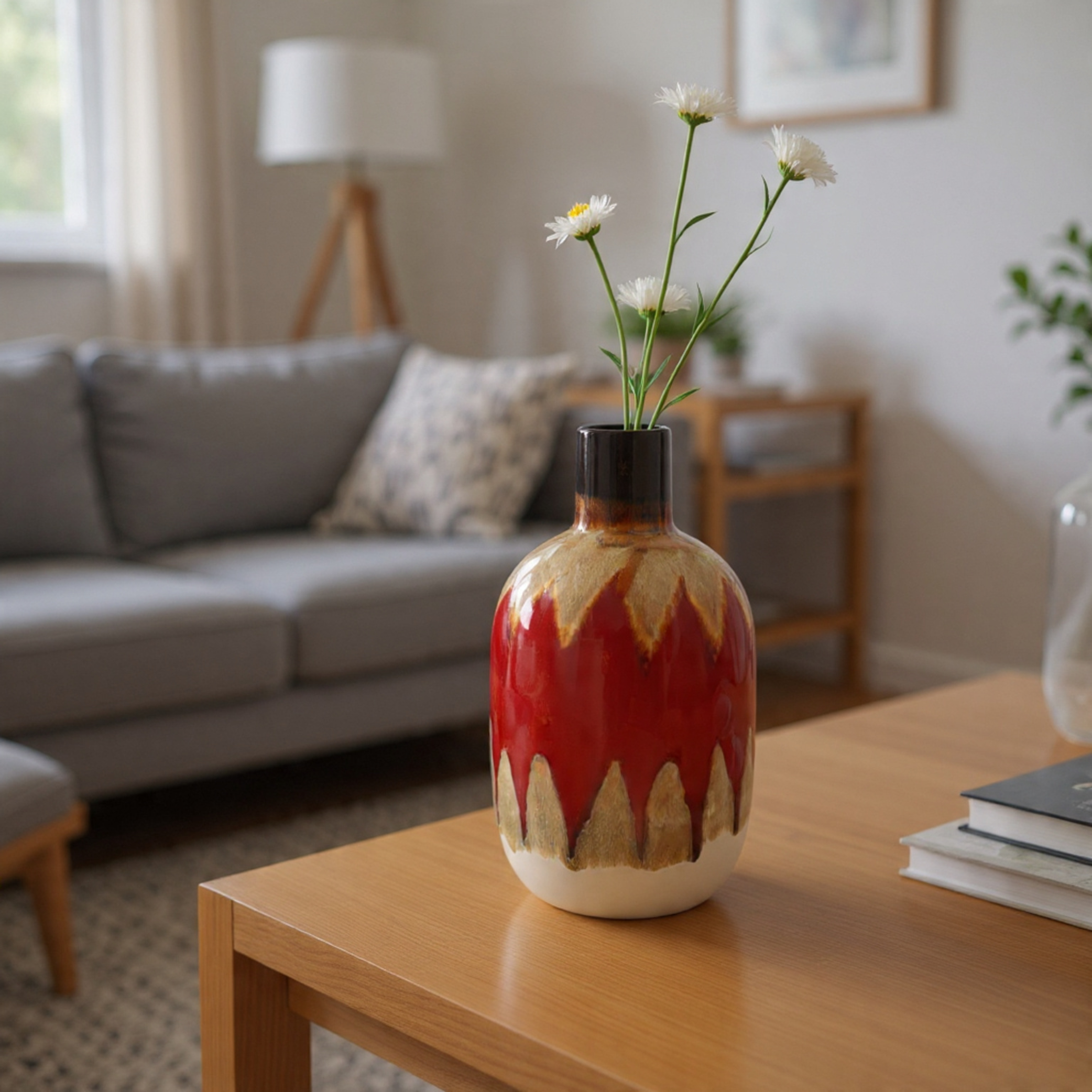 Red and white ceramic vase with flowers on a wooden coffee table in a living room.