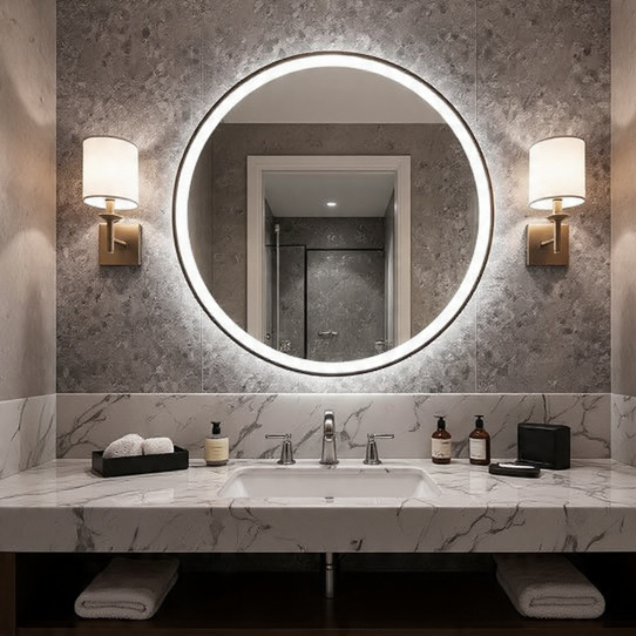 Bathroom vanity with round illuminated mirror, marble countertop, and wall lights.