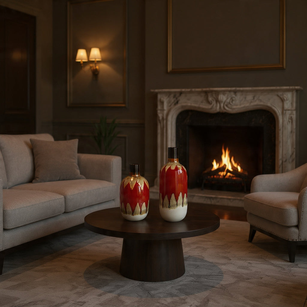 Cozy living room with a fireplace, sofa, armchair, and decorative vases on a table.