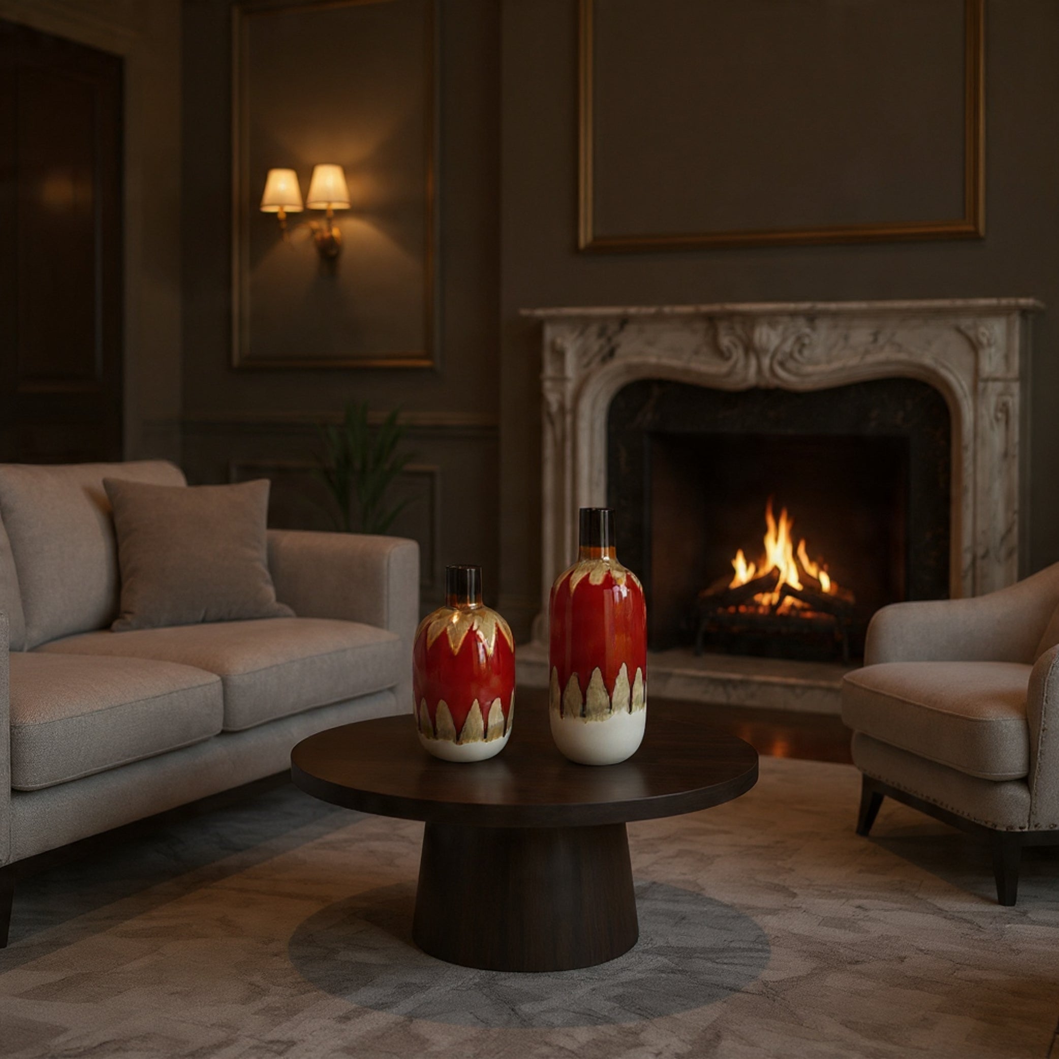 Cozy living room with a fireplace, sofa, armchair, and decorative vases on a table.