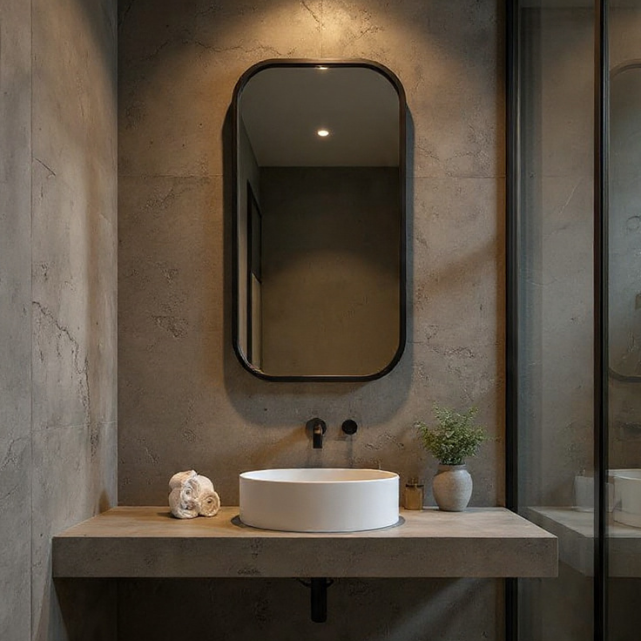 Bathroom vanity with a white sink and mirror on a textured wall.