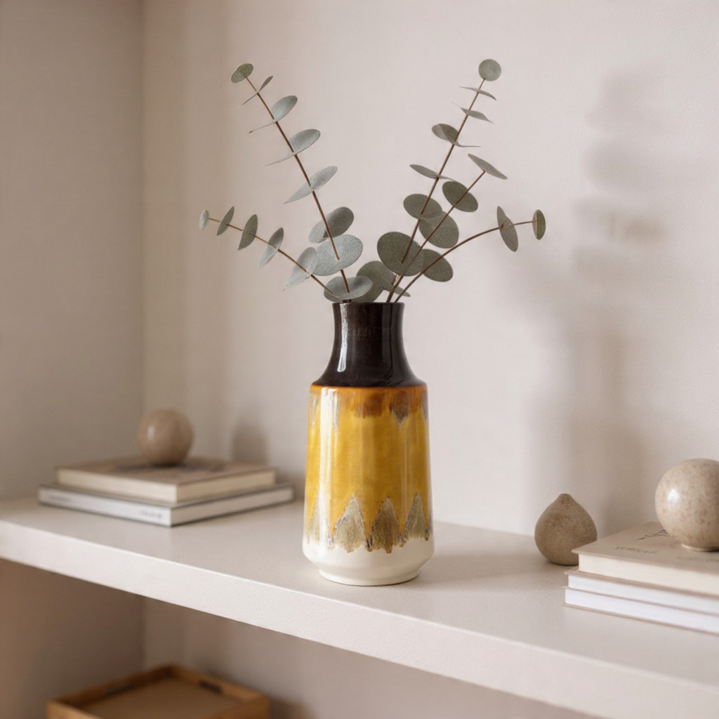 Vase with eucalyptus on a shelf against a plain wall