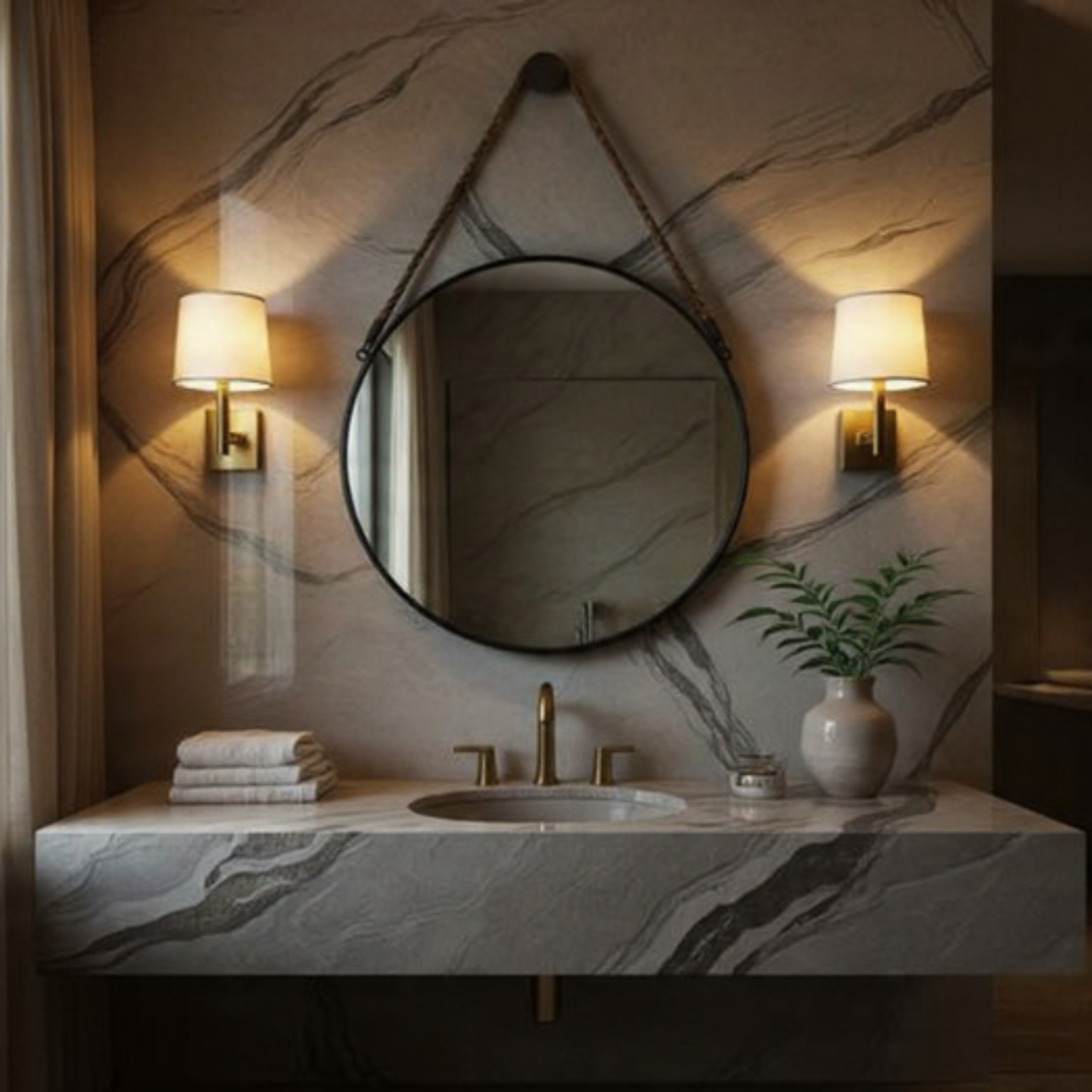 Modern bathroom with round mirror, sink, and decorative elements on a marble wall.