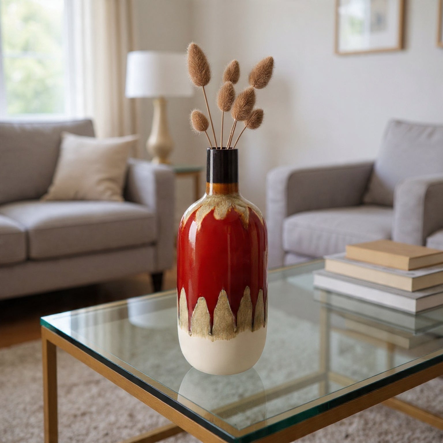 Decorative vase with dried plants on a glass coffee table in a living room.