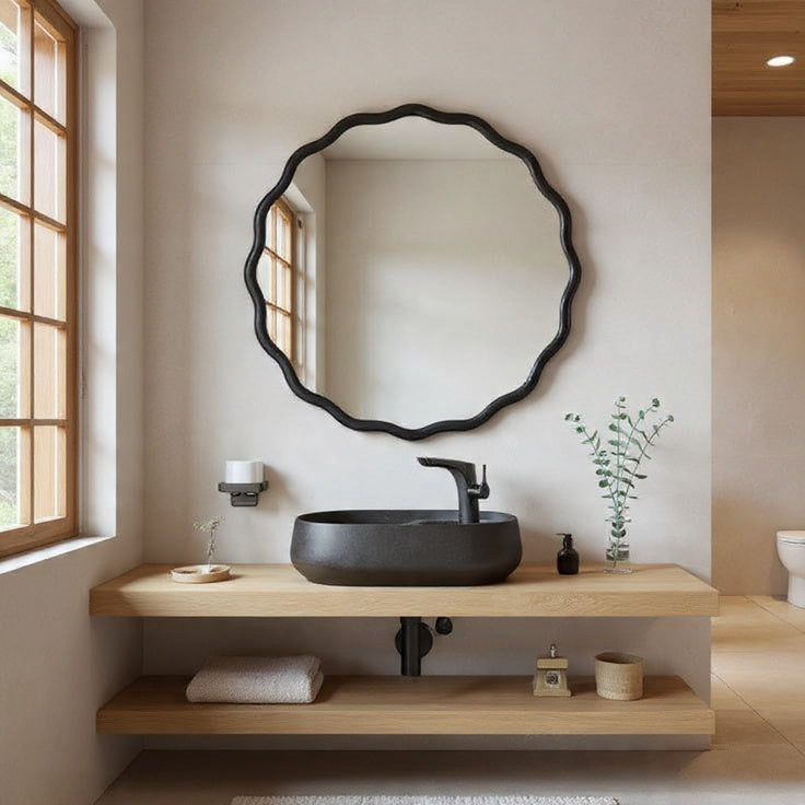 Bathroom vanity with black sink, round mirror, and wooden shelf.