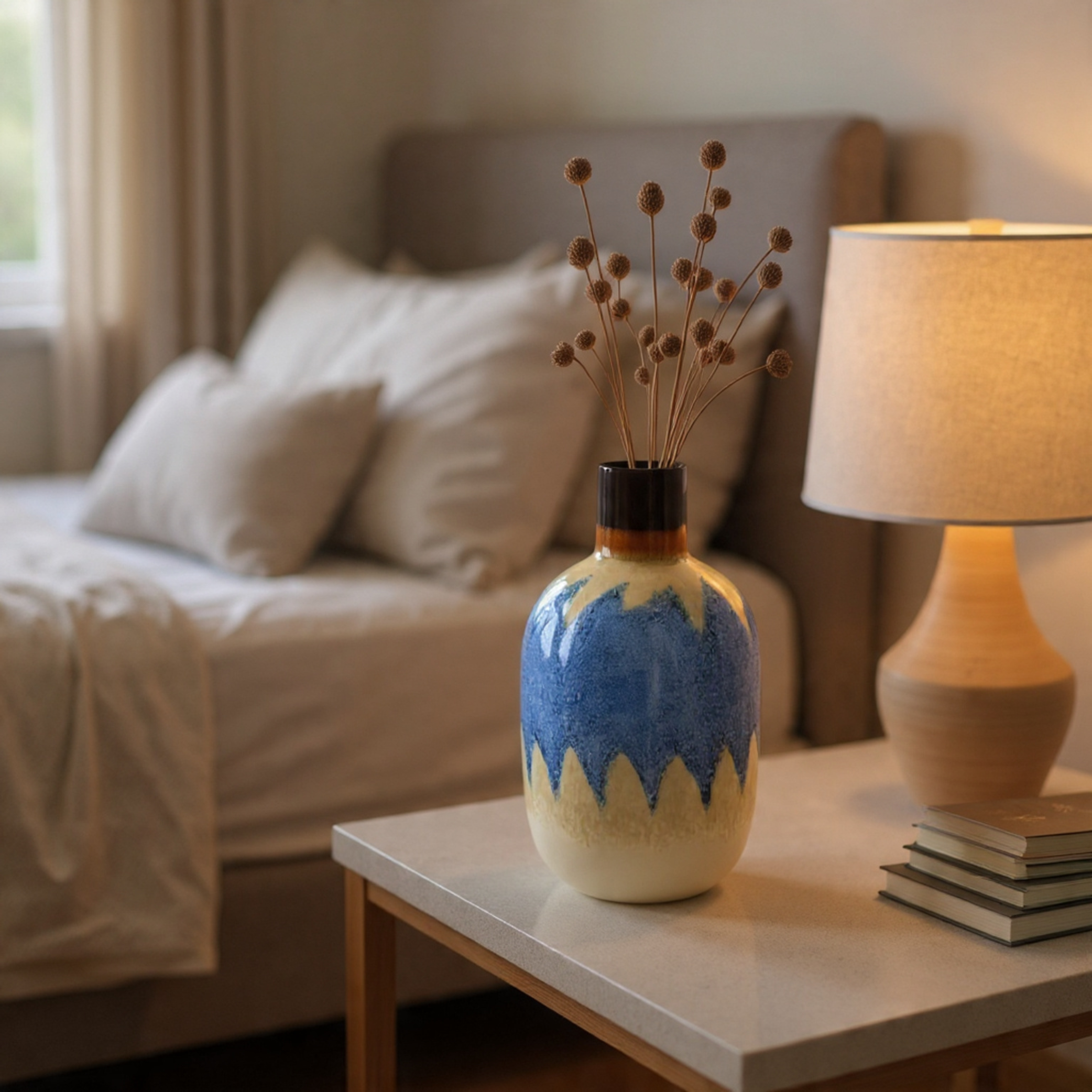 Decorative vase with blue and white design on a table in a living room setting.