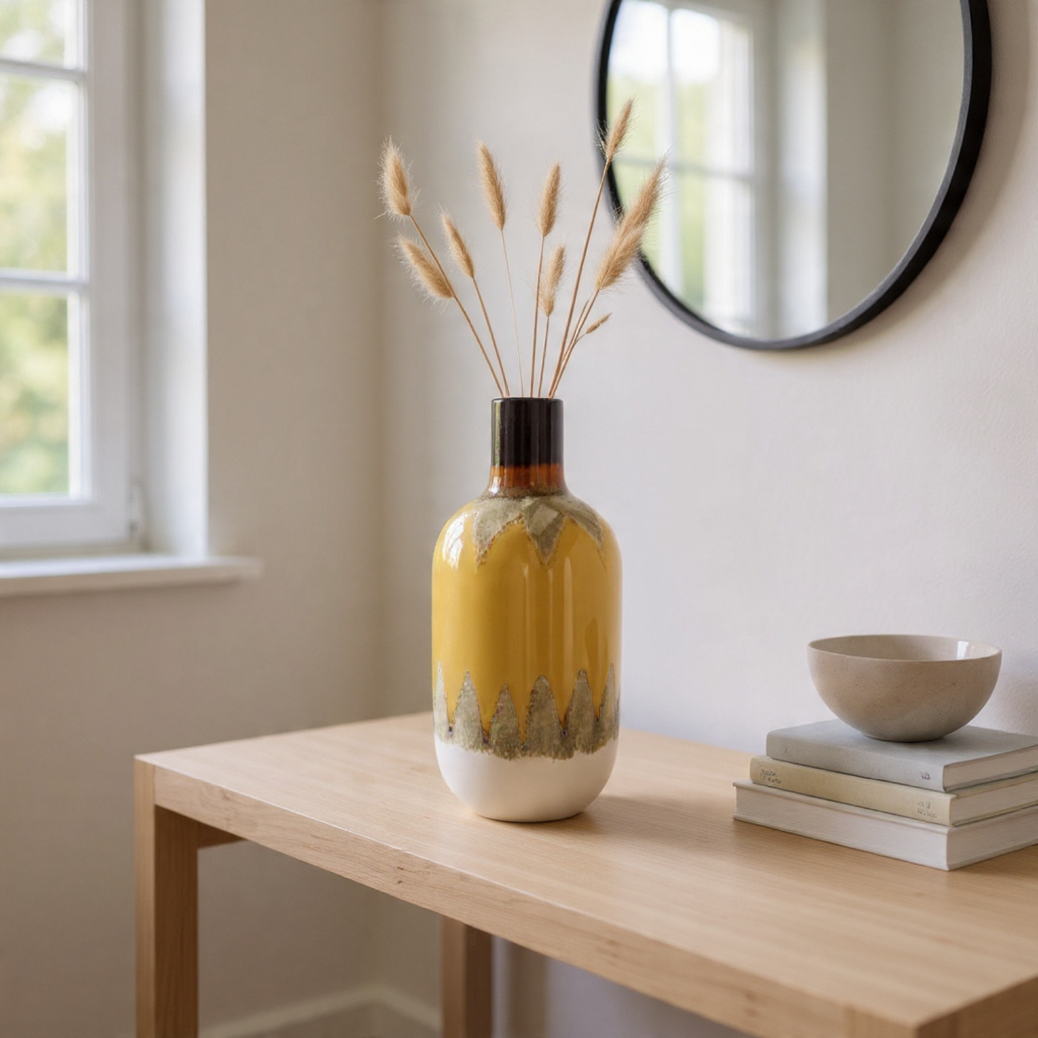 Yellow ceramic vase with dried plants on a wooden table in a room with a mirror and window.