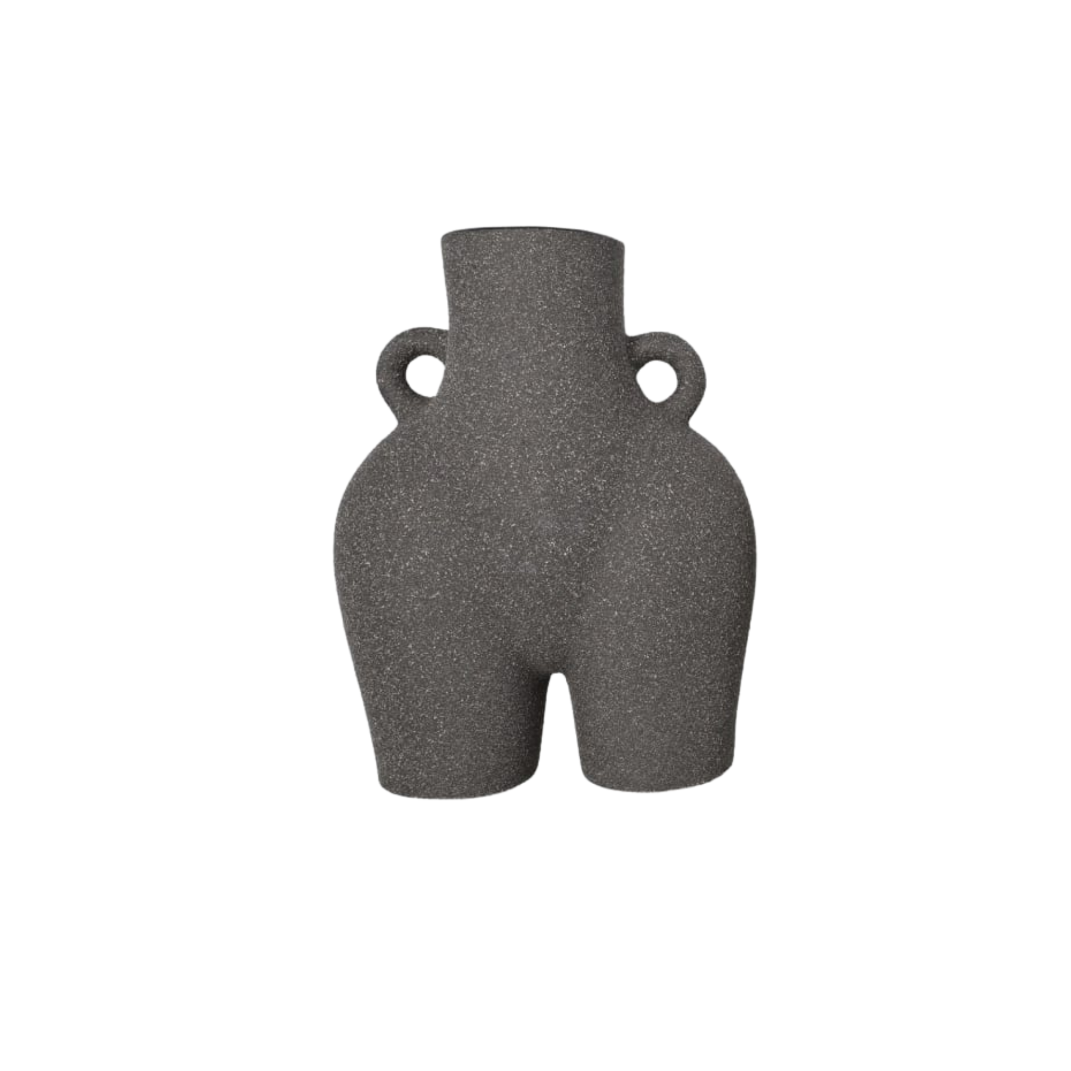 Black stone vase with two handles on a white background