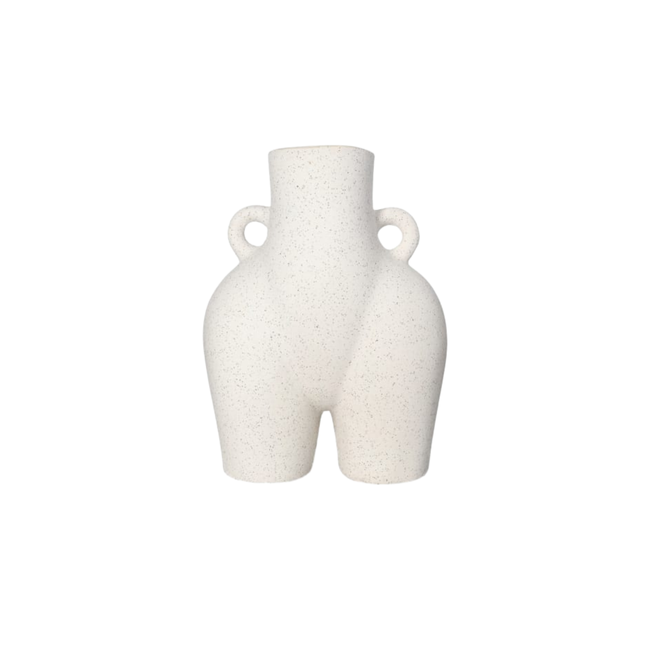 White ceramic vase with two handles on a white background