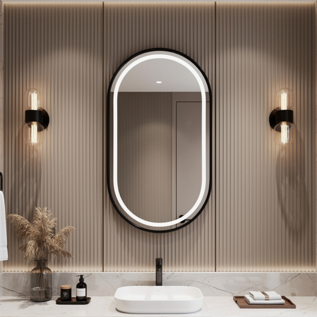 Bathroom vanity with a mirror, lights, and decorative items.