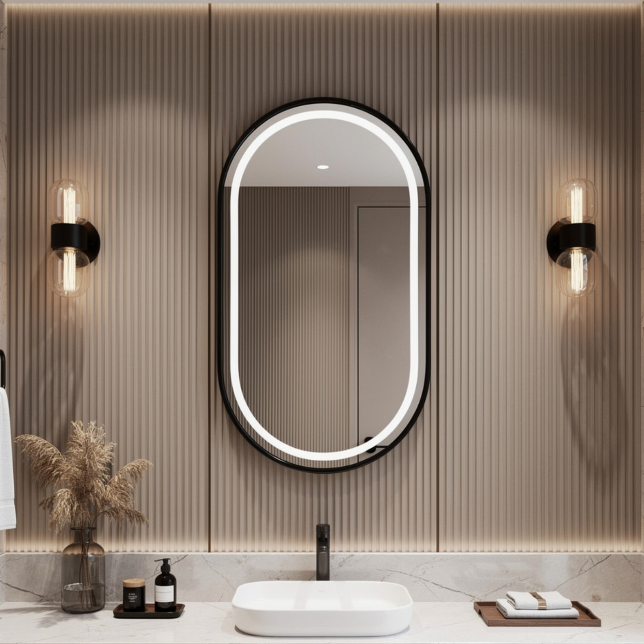 Bathroom vanity with a mirror, lights, and decorative items.