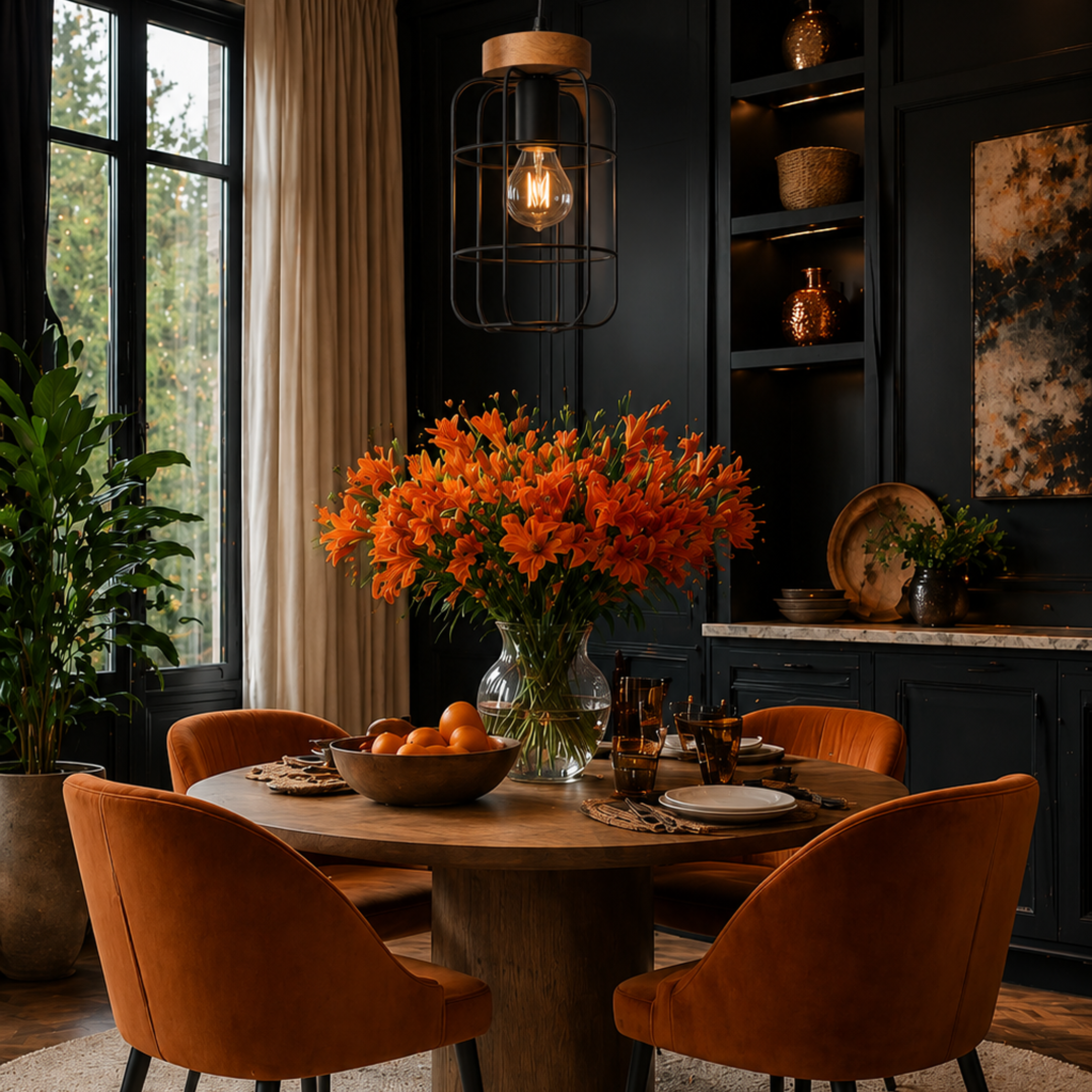 Dining room with wooden table, orange chairs, and a vase of flowers.