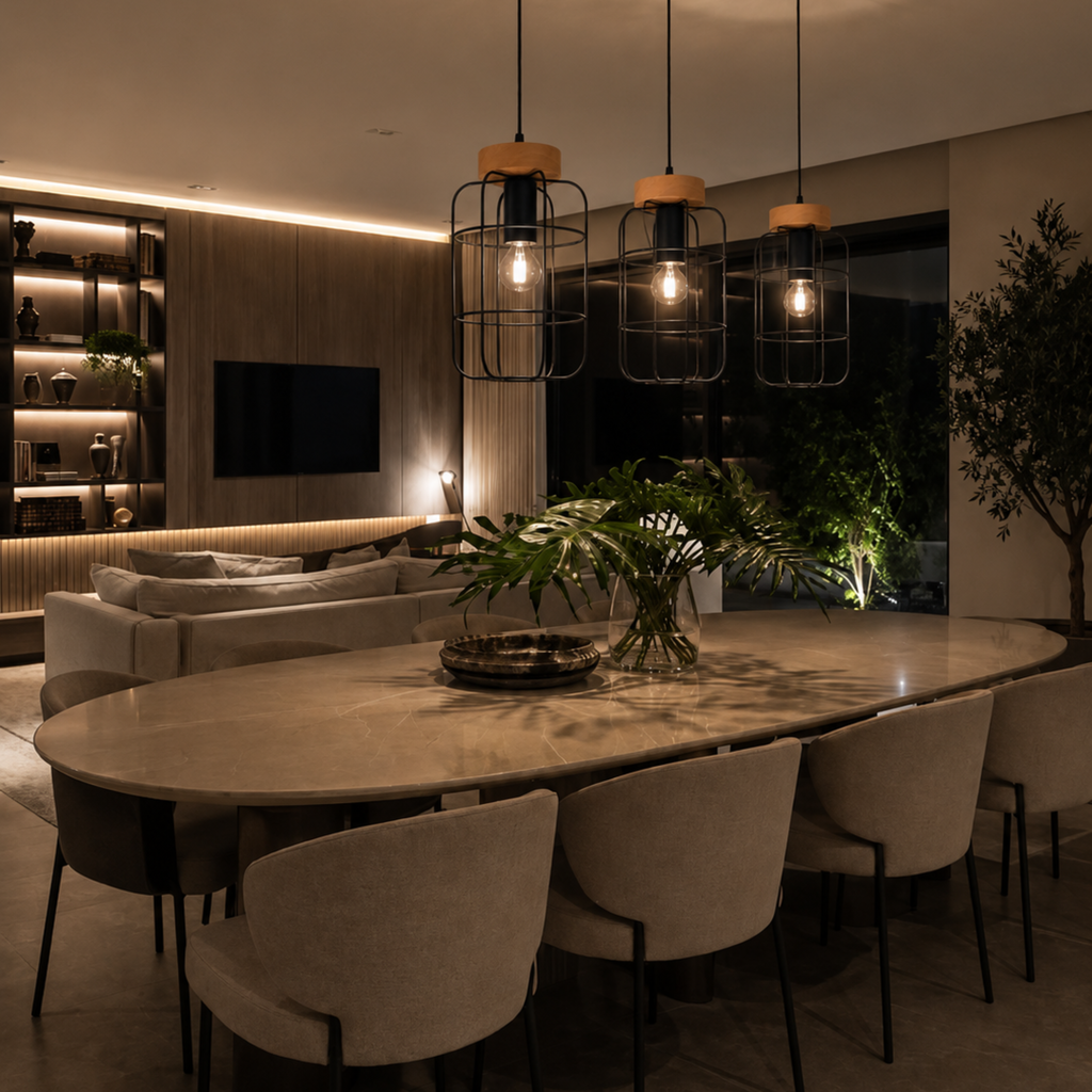Modern dining room with a round table and chairs, featuring a stylish interior design.