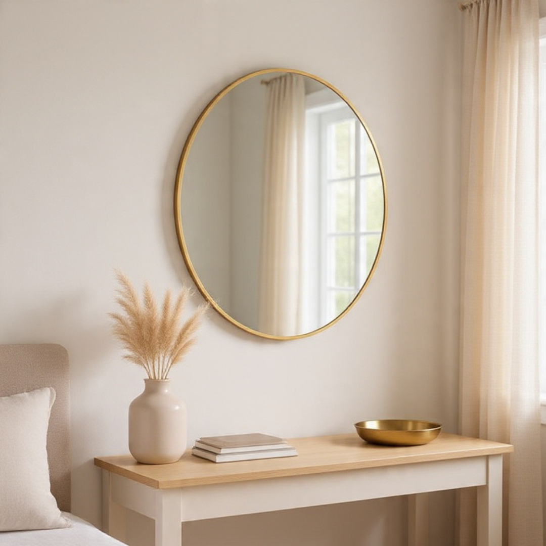 Round gold-framed mirror on a wall above a wooden console table with decorative items.