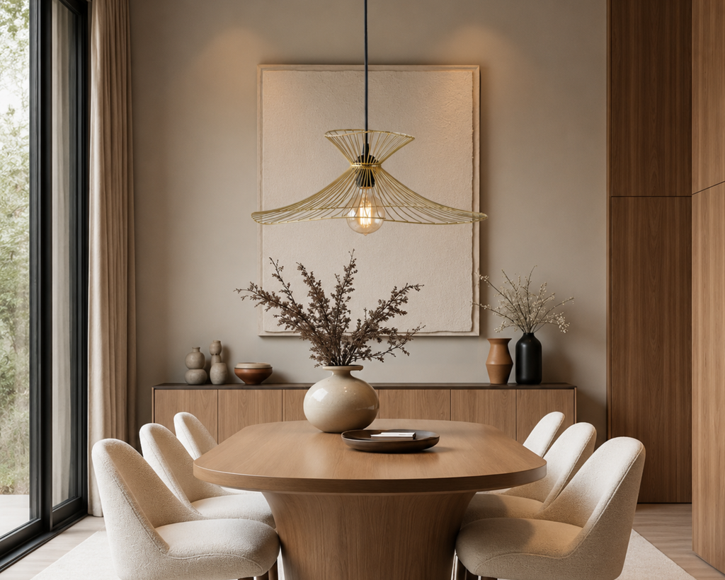 Modern dining room with wooden table and chairs, decorative elements, and a large window.