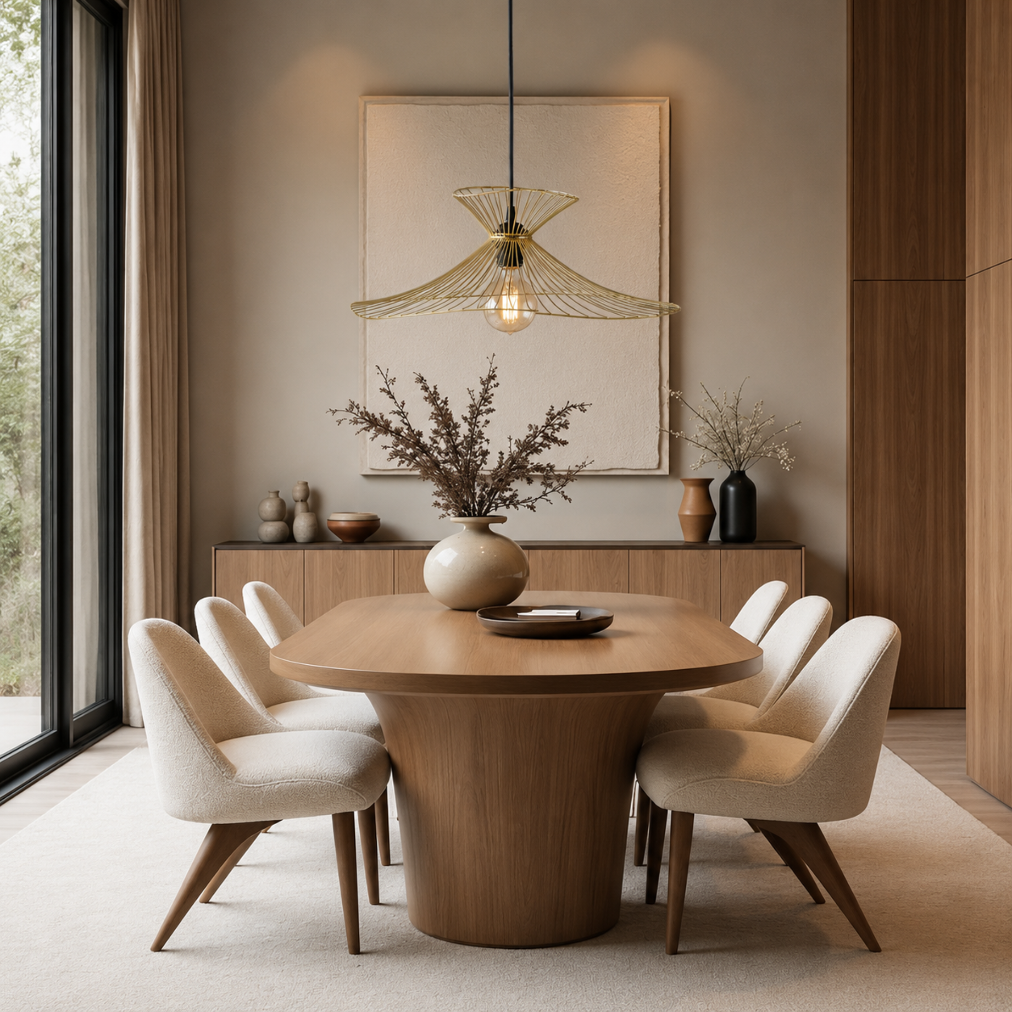 Modern dining room with wooden table and chairs, decorative elements, and a large window.