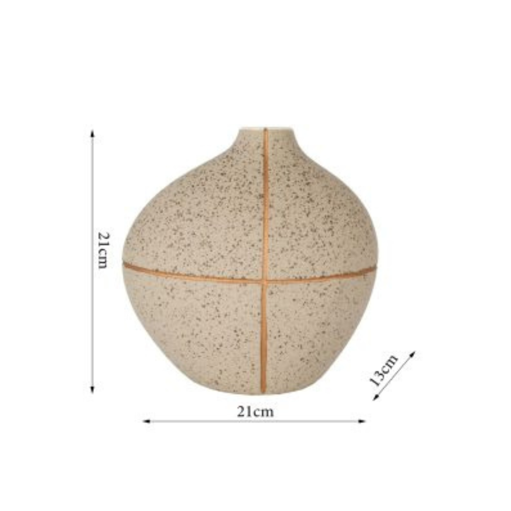Beige ceramic vase with dimensions indicated on a white background