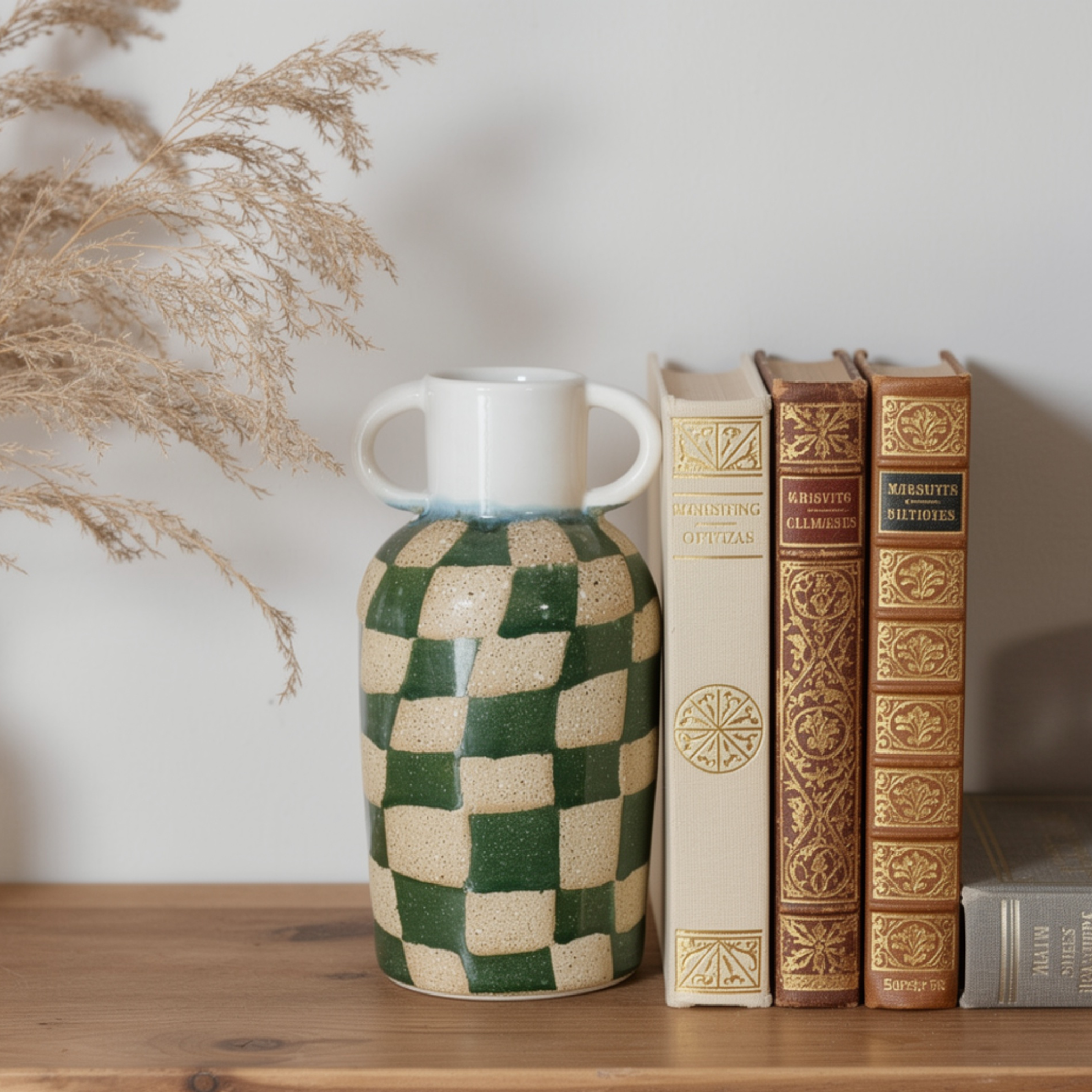 Decorative vase with a checkered pattern on a shelf with books and dried plants.