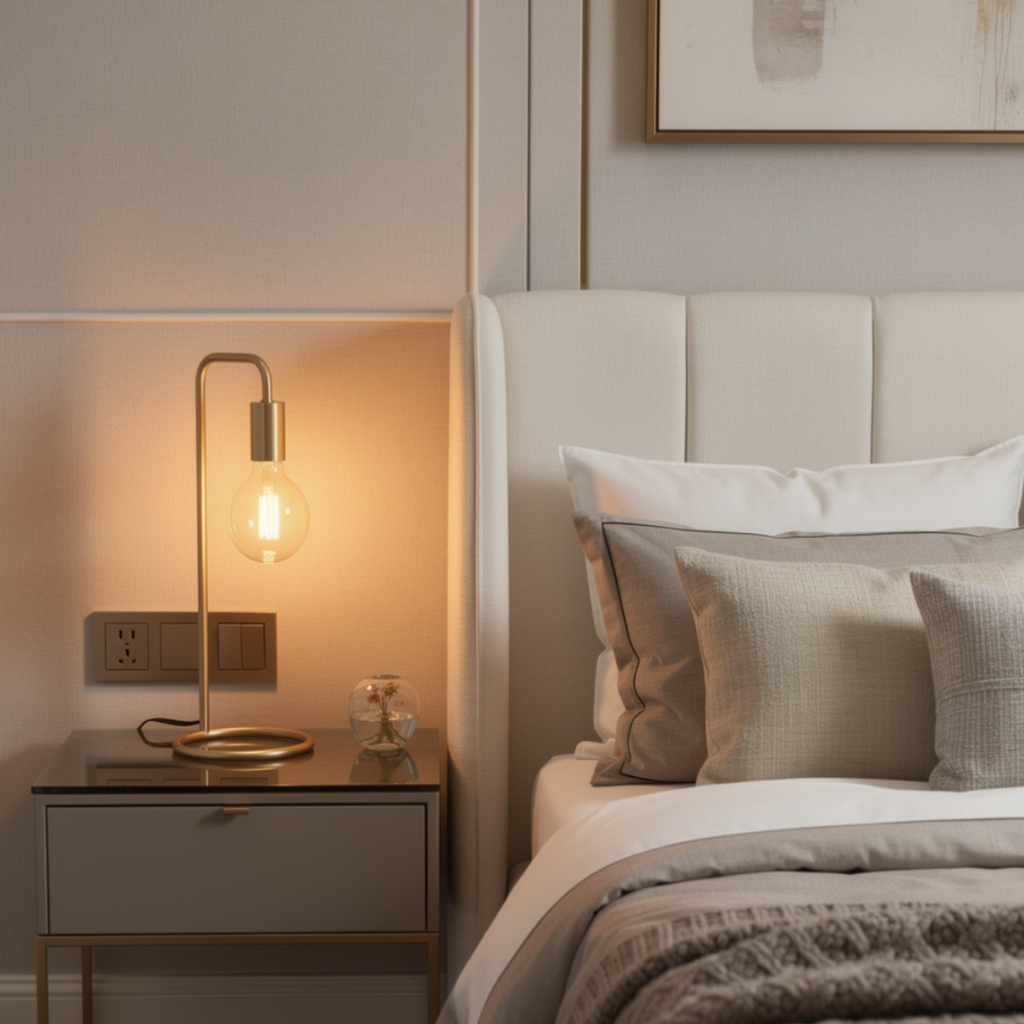 Modern bedroom with a bed, nightstand, and table lamp.