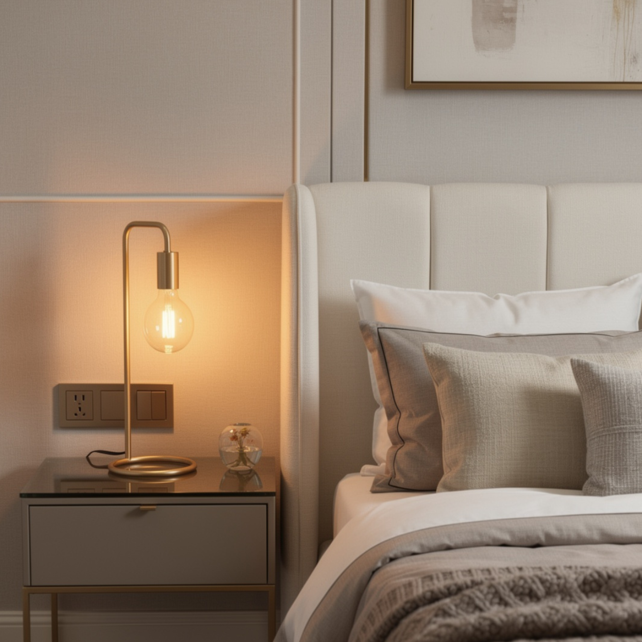 Modern bedroom with a bed, nightstand, and table lamp.