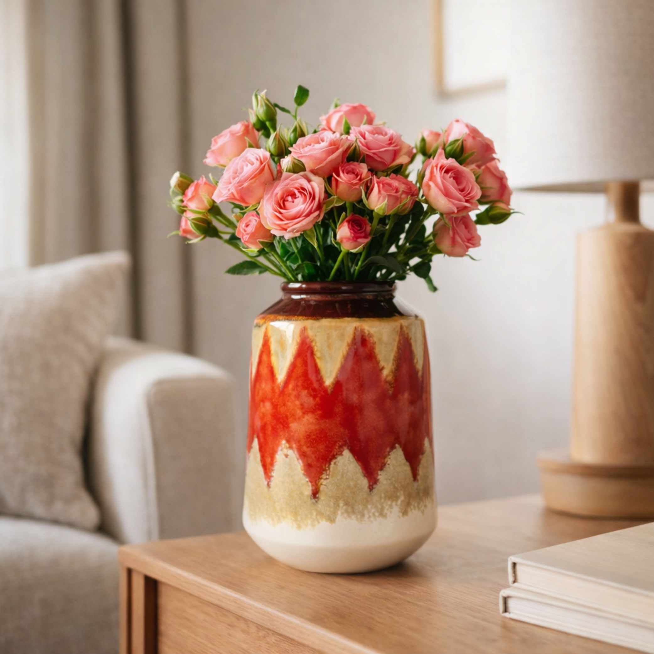Vase with red and beige pattern containing pink roses on a wooden table.