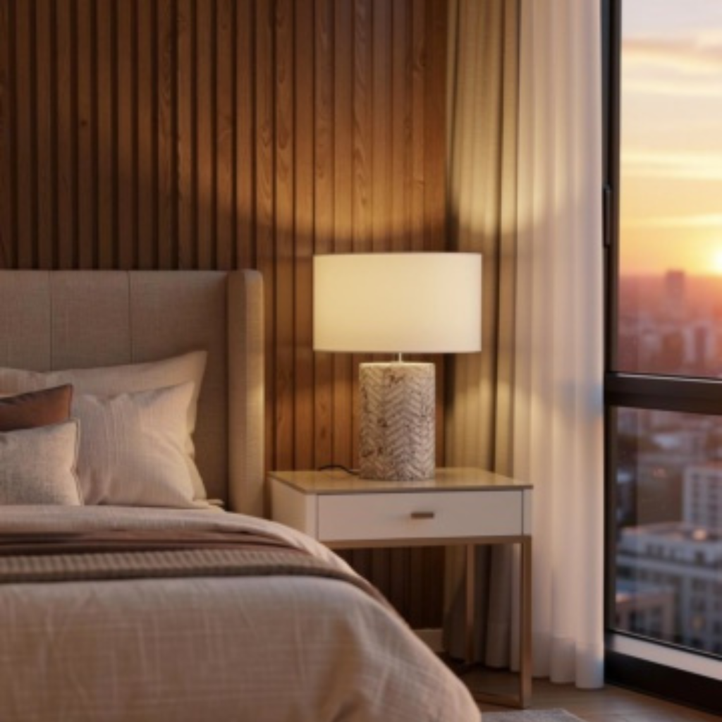 Cozy bedroom with wooden wall, bed, and lamp.