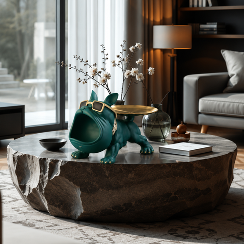 Modern dining room with a round table and chairs, featuring a stylish interior design.