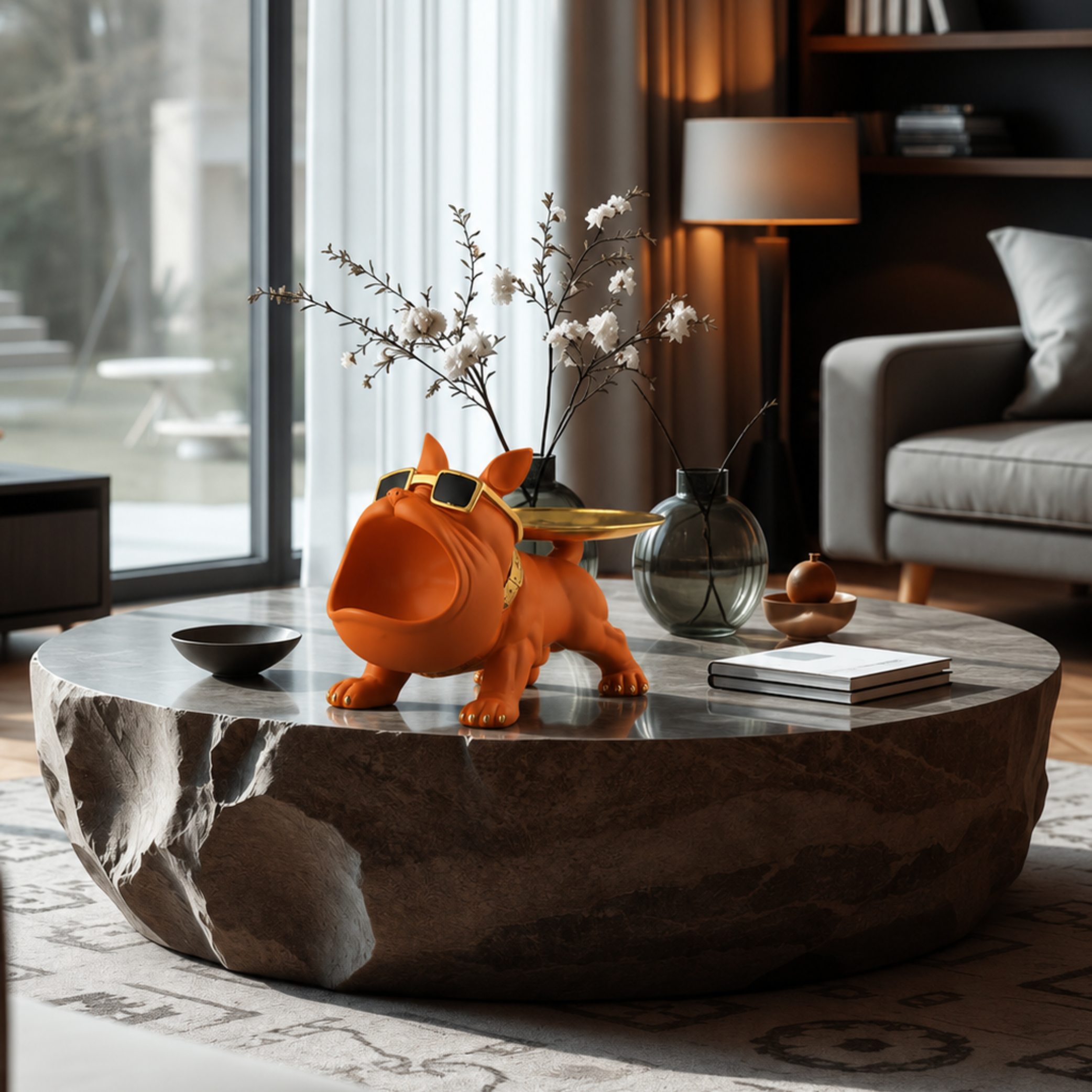 Orange dog-shaped decorative item on a stone coffee table in a modern living room.