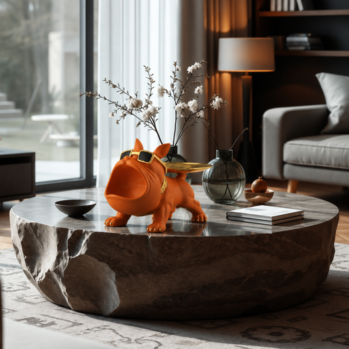 Orange dog-shaped decorative item on a stone coffee table in a modern living room.