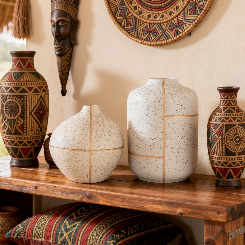 Decorative vases with tribal patterns on a wooden shelf.